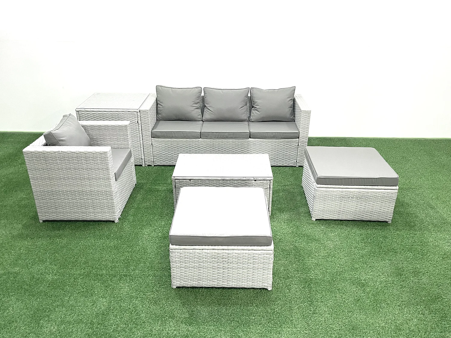 6 Stücke Rattan Gartenmöbel Set Garten Sofa Stuhl Couchtisch Set mit Beistelltisch 2 hohen Hockern Hellgrau gemischt