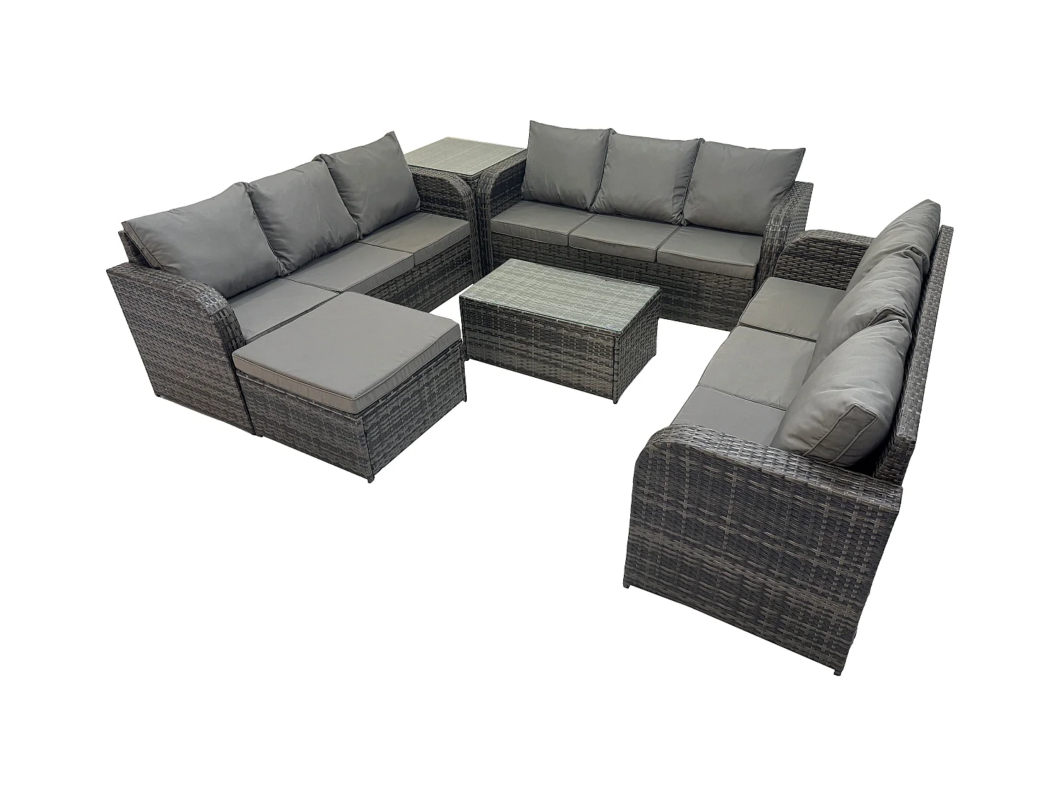 Rattan Lounge Sofa Set 10-Sitzer Gartenmöbel-Set mit Rechteckiger Couchtisch 3-Sitzer Sofa 2 Großer Hockern Beistelltisch Dunkelgrau Gemischt