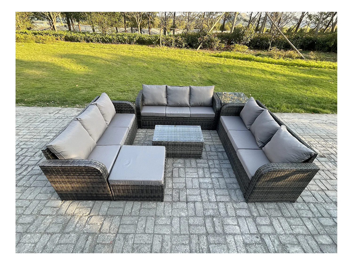 Rattan Lounge Sofa Set 10-Sitzer Gartenmöbel-Set mit Rechteckiger Couchtisch 3-Sitzer Sofa 2 Großer Hockern Beistelltisch Dunkelgrau Gemischt