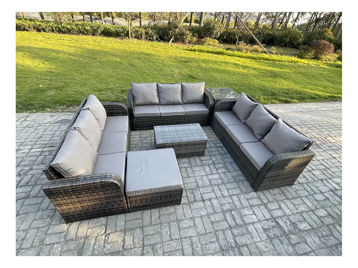 Rattan Lounge Sofa Set 10-Sitzer Gartenmöbel-Set mit Rechteckiger Couchtisch 3-Sitzer Sofa 2 Großer Hockern Beistelltisch Dunkelgrau Gemischt