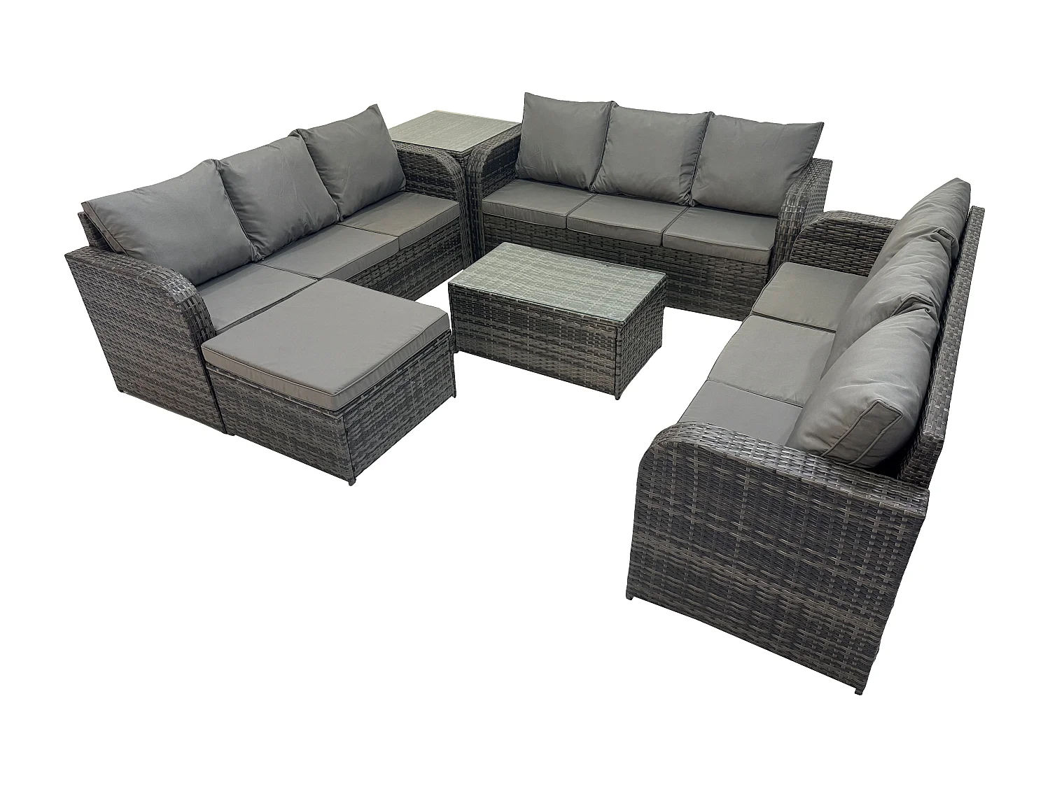 Rattan Lounge Sofa Set 10-Sitzer Gartenmöbel-Set mit Rechteckiger Couchtisch 3-Sitzer Sofa 2 Großer Hockern Beistelltisch Dunkelgrau Gemischt