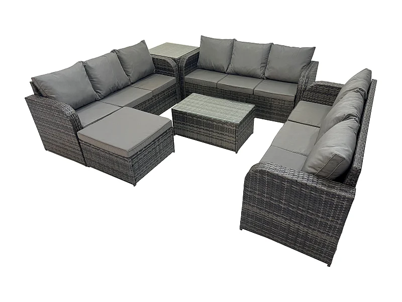 Rattan Lounge Sofa Set 10-Sitzer Gartenmöbel-Set mit Rechteckiger Couchtisch 3-Sitzer Sofa 2 Großer Hockern Beistelltisch Dunkelgrau Gemischt