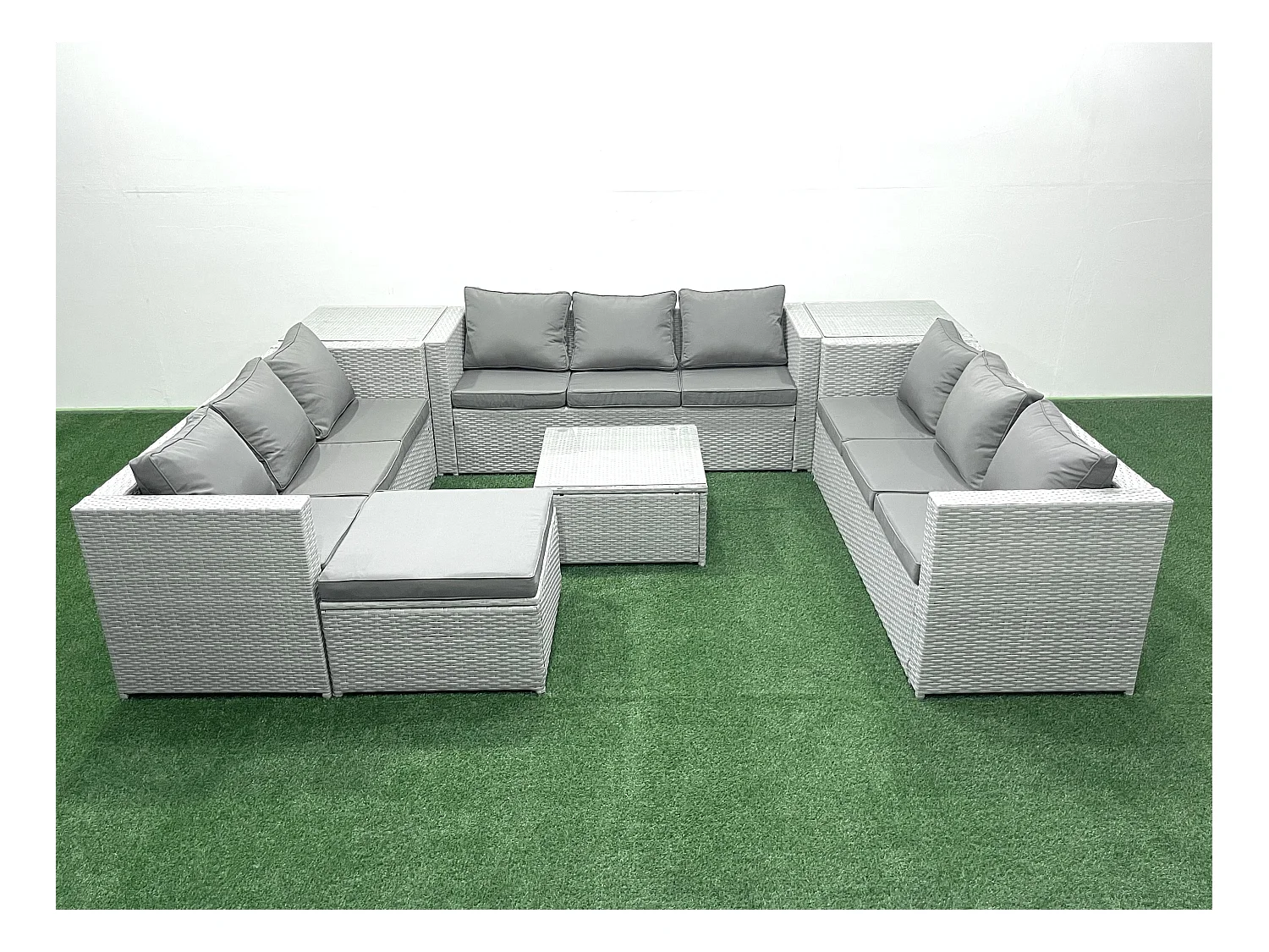 Ensemble de meubles de jardin en rotin 10 places avec Canapé Grand tabouret 2 Tables d'appoint Gris clair mixte