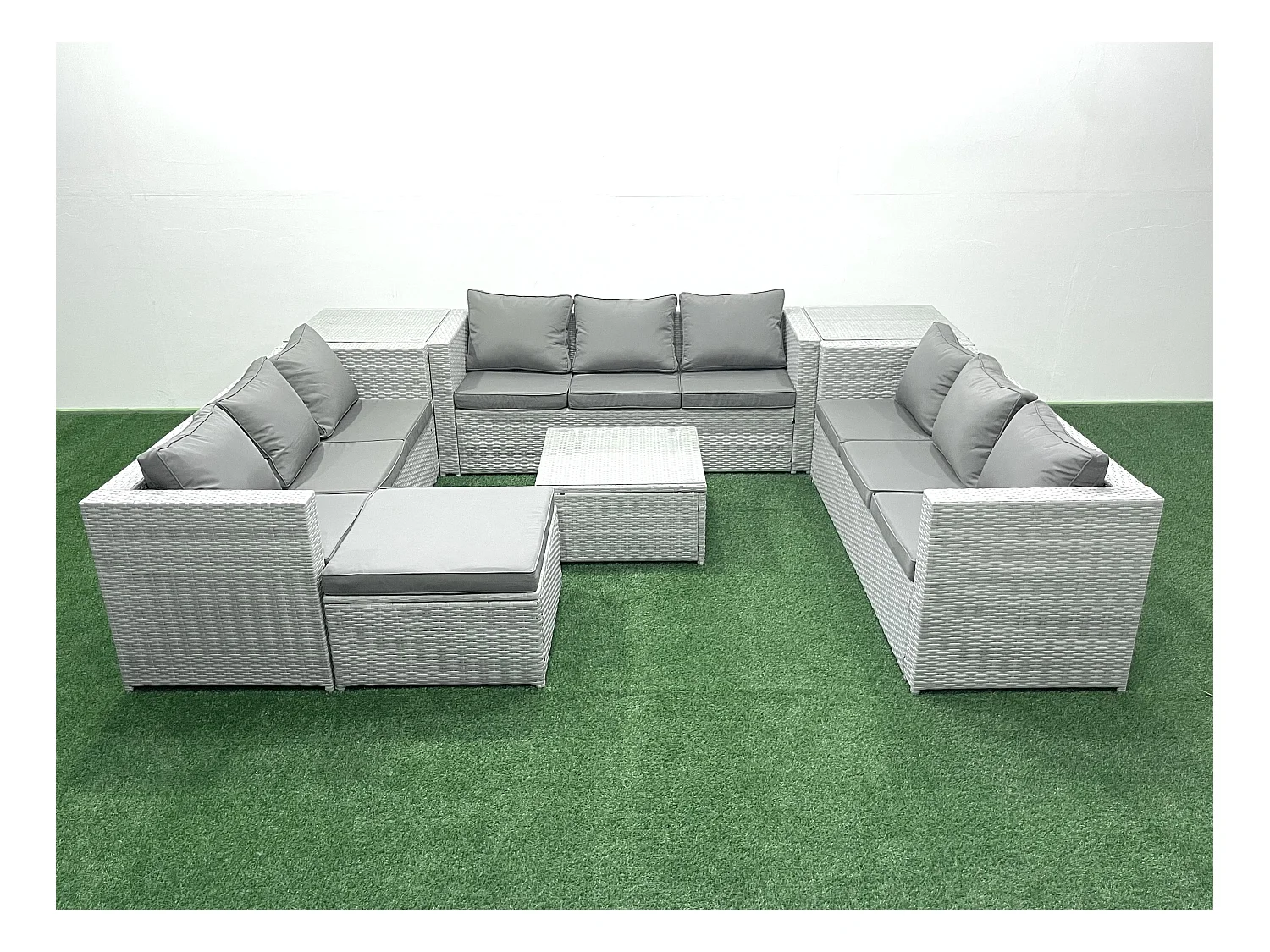 Ensemble de meubles de jardin en rotin 10 places avec Canapé Grand tabouret 2 Tables d'appoint Gris clair mixte