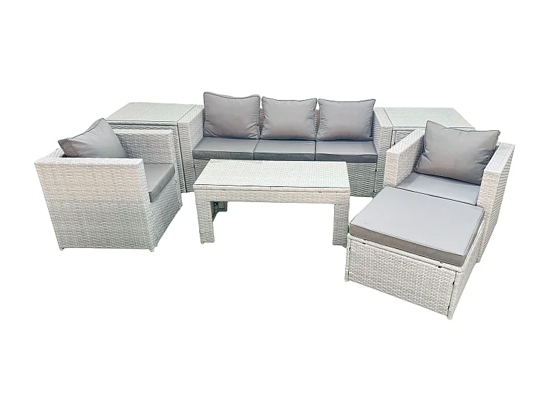 Salon de jardin 7 Pièces Canapé de jardin Table basse oblongue avec 2 Chaises 2 Tables d'appoint Stool Gris clair mixte