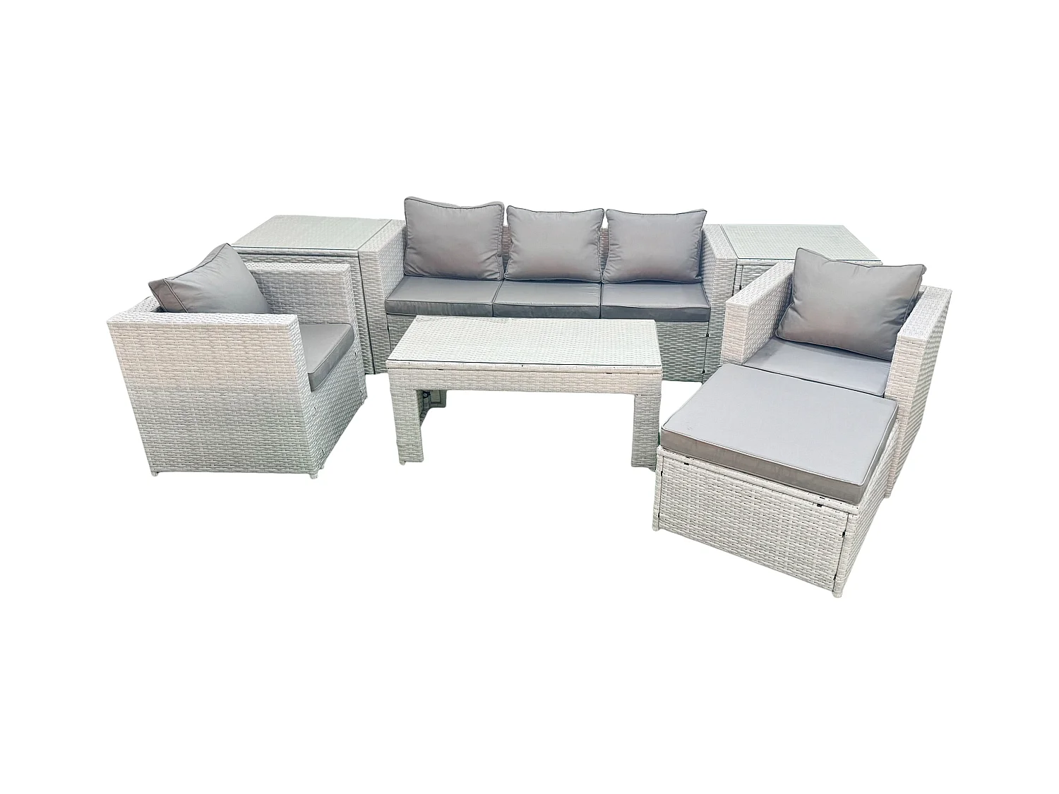 Polyrattan Gartenmöbel Set 7 Stücke Outdoor Garten Sofa Rechteckiger Couchtisch Set mit 2 Sesseln 2 Beistelltischen Hocker Hellgrau gemischt