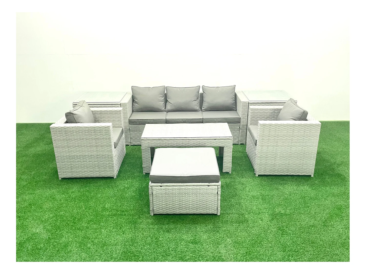 Polyrattan Gartenmöbel Set 7 Stücke Outdoor Garten Sofa Rechteckiger Couchtisch Set mit 2 Sesseln 2 Beistelltischen Hocker Hellgrau gemischt