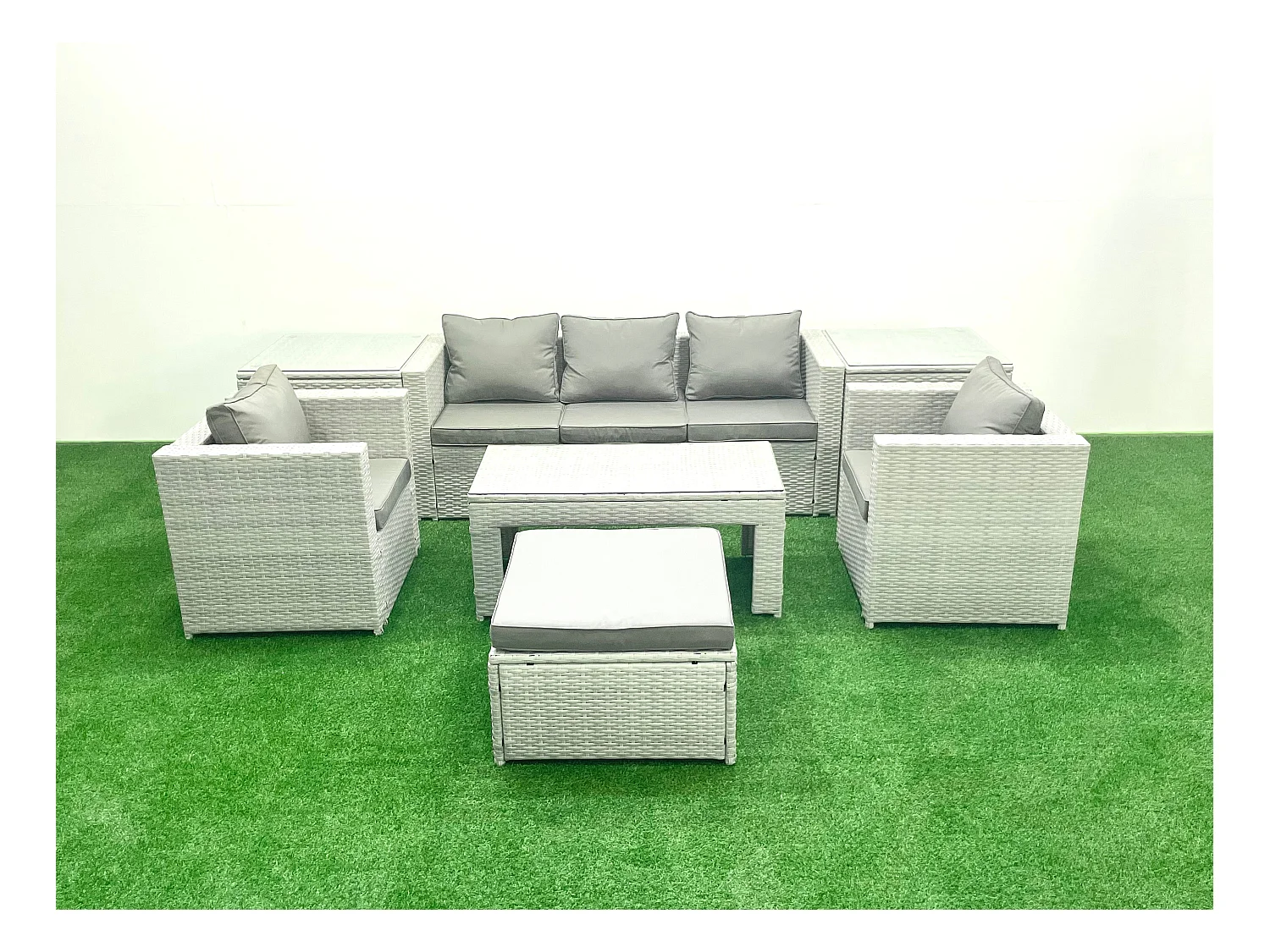 Polyrattan Gartenmöbel Set 7 Stücke Outdoor Garten Sofa Rechteckiger Couchtisch Set mit 2 Sesseln 2 Beistelltischen Hocker Hellgrau gemischt