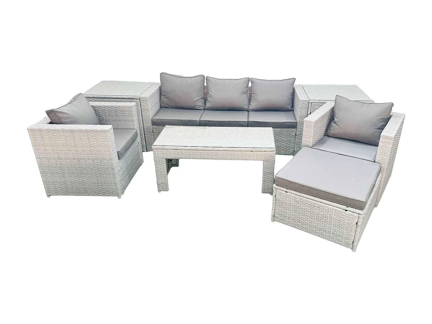 Salon de jardin 7 Pièces Canapé de jardin Table basse oblongue avec 2 Chaises 2 Tables d'appoint Stool Gris clair mixte