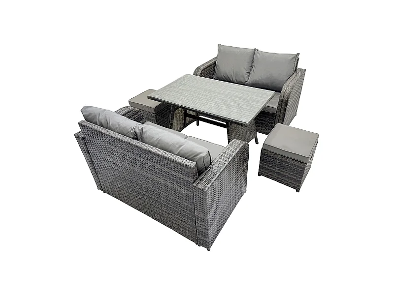 Ensemble de meubles de jardin en polyrotin 5 Pièces avec Table à manger rectangulaire Canapé d'amour 2 Petits tabourets