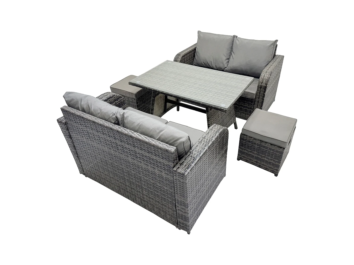 Ensemble de meubles de jardin en polyrotin 5 Pièces avec Table à manger rectangulaire Canapé d'amour 2 Petits tabourets