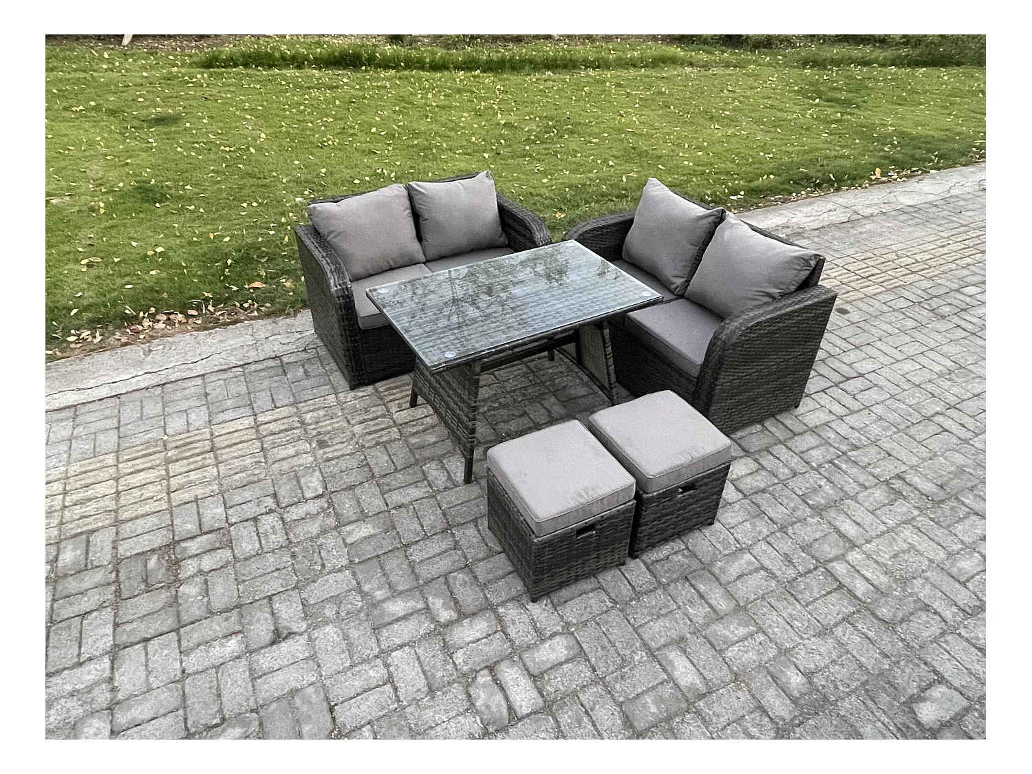 Ensemble de meubles de jardin en polyrotin 5 Pièces avec Table à manger rectangulaire Canapé d'amour 2 Petits tabourets