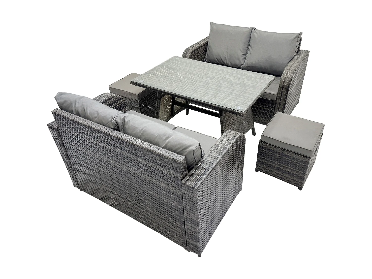 Gartenmöbel-Sets 5 Stücke Polyrattan Möbel Sofa Sets mit Rechteckiger Esstisch Love Sofa 2 kleinen Hockern