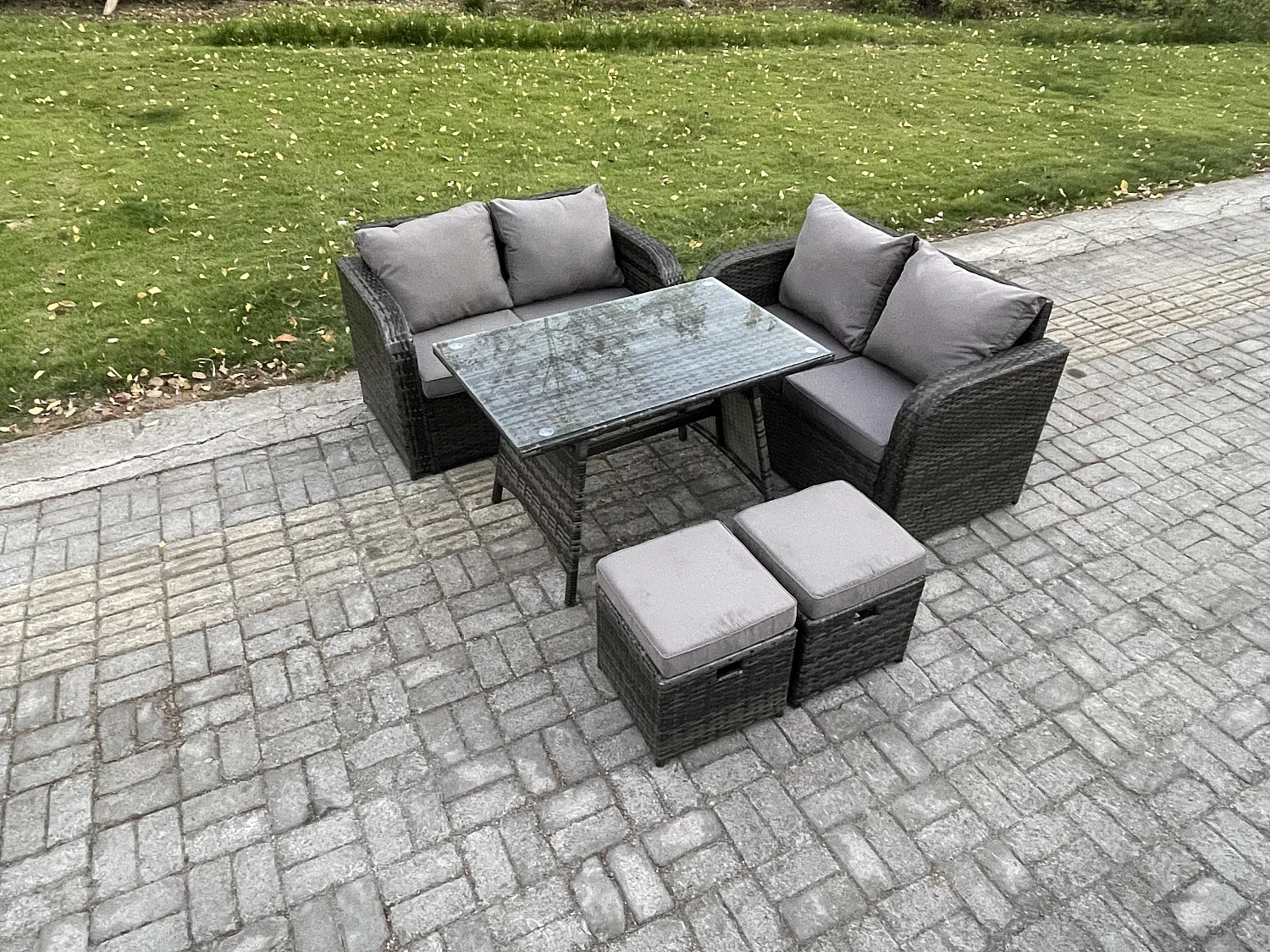 Gartenmöbel-Sets 5 Stücke Polyrattan Möbel Sofa Sets mit Rechteckiger Esstisch Love Sofa 2 kleinen Hockern