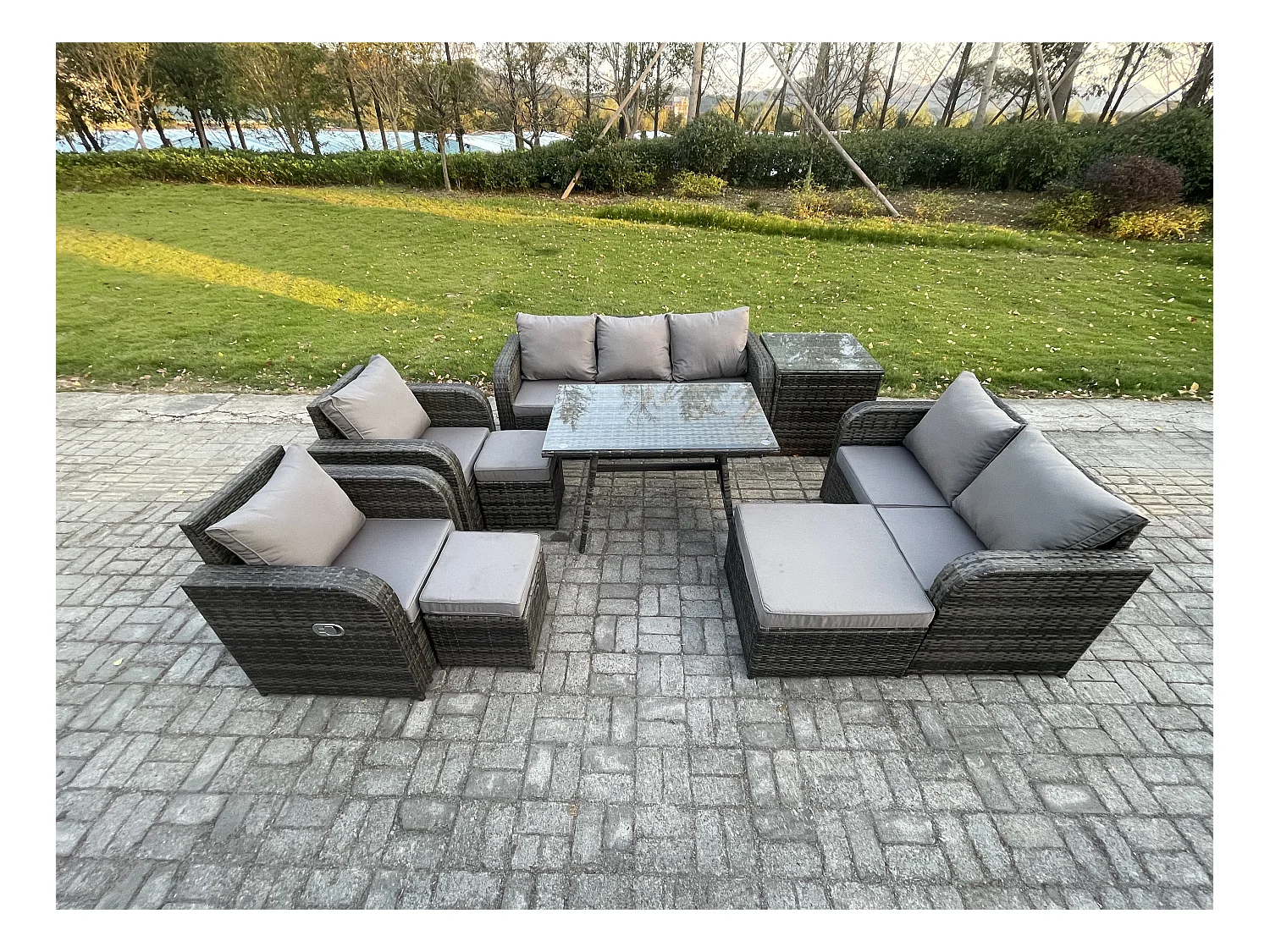 Polyrattan Gartenmöbelset 10-Sitzer Garten Lounge Set mit Esstisch 3 Hockern Beistelltisch Dunkelgrau Gemischt