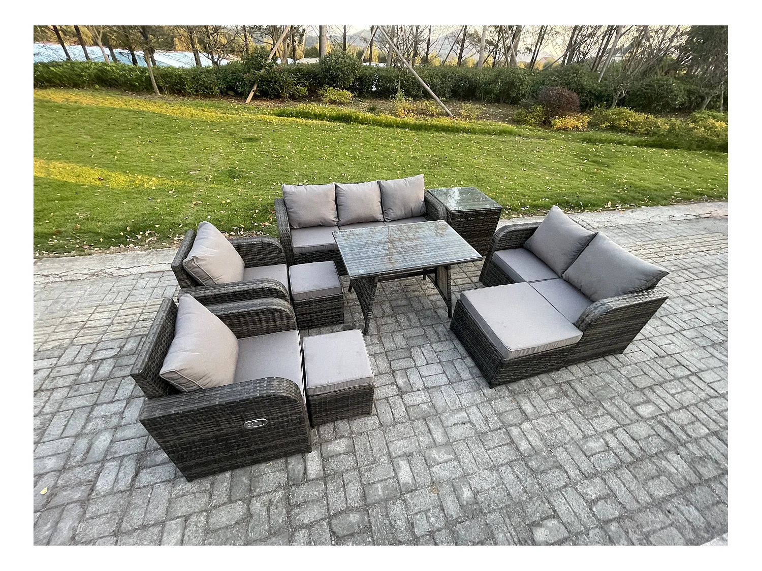 Polyrattan Gartenmöbelset 10-Sitzer Garten Lounge Set mit Esstisch 3 Hockern Beistelltisch Dunkelgrau Gemischt