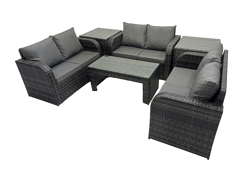 6-Sitzer Polyrattan Gartenmöbel Set Patio Sofa Set mit Couchtisch Loveseat Sofa 2 Beistelltischen Dunkelgrau Gemischt