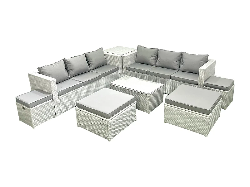 8 Pièces Salon de jardin Canapé de jardin Table basse avec Table d'appoint 4 Tabourets Gris clair mixte