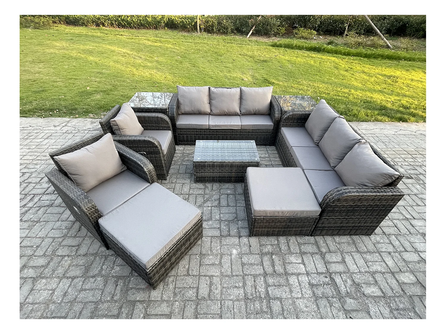 10 places Ensemble de canapés en rotin avec Canapé 3 places Chaise inclinable 2 Grand tabourets Canapé 3 places 2 Tables d'appoint Gris foncé mixte