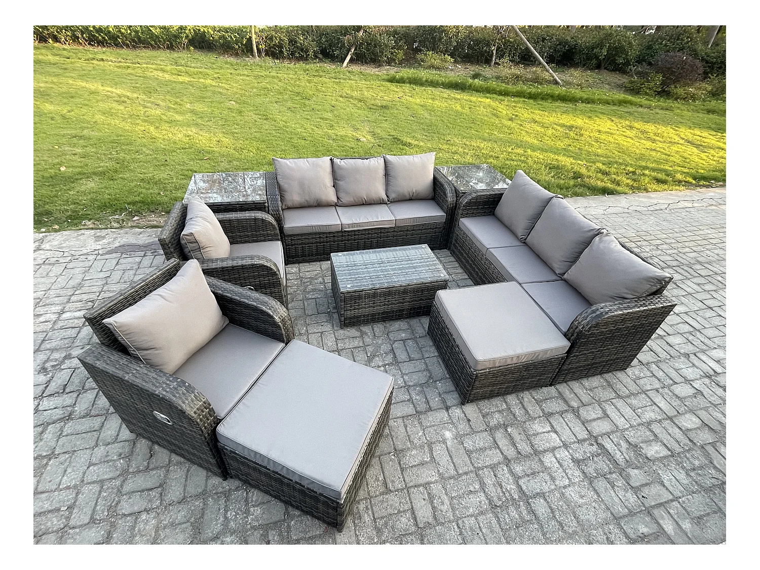 10 places Ensemble de canapés en rotin avec Canapé 3 places Chaise inclinable 2 Grand tabourets Canapé 3 places 2 Tables d'appoint Gris foncé mixte