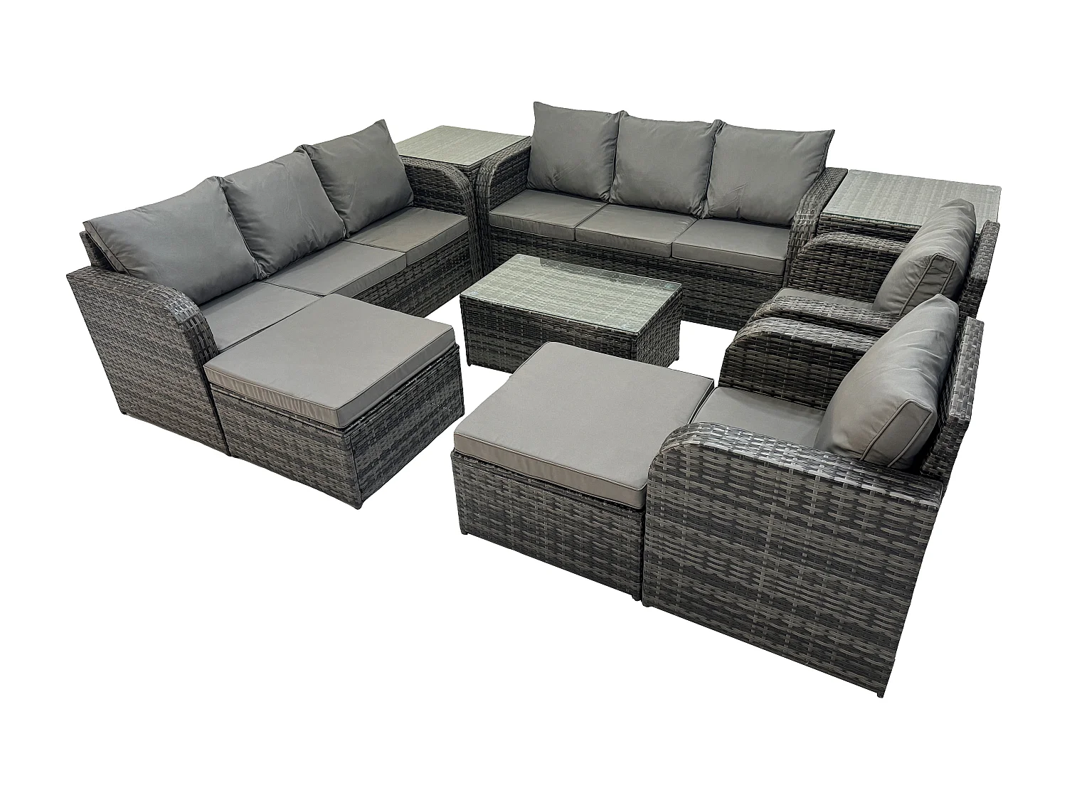 10-Sitzer Rattan Gartenmöbel Sofa Set Tisch & Stühle Set mit 3-Sitzer Sofa Liegestühle 2 hohen Hockern 3-Sitzer Sofa 2 Beistelltischen Dunkelgrau Gemischt