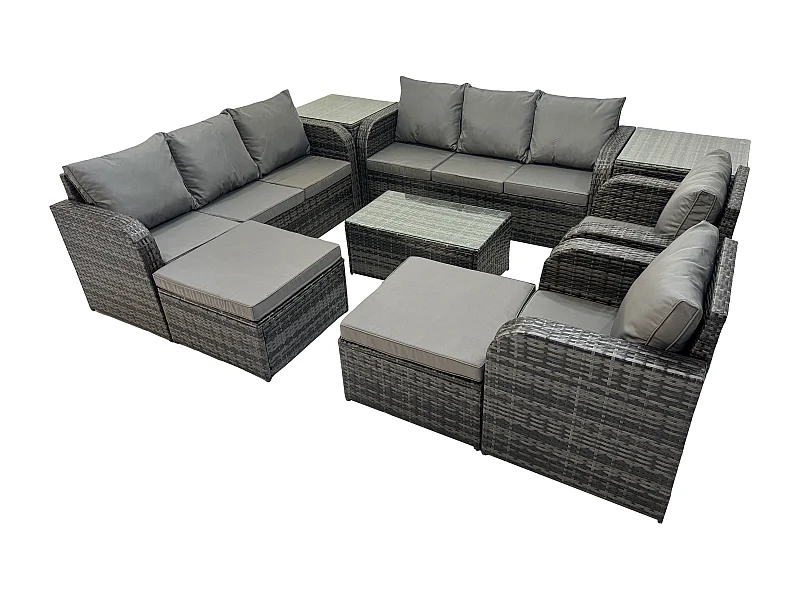 10-Sitzer Rattan Gartenmöbel Sofa Set Tisch & Stühle Set mit 3-Sitzer Sofa Liegestühle 2 hohen Hockern 3-Sitzer Sofa 2 Beistelltischen Dunkelgrau Gemischt