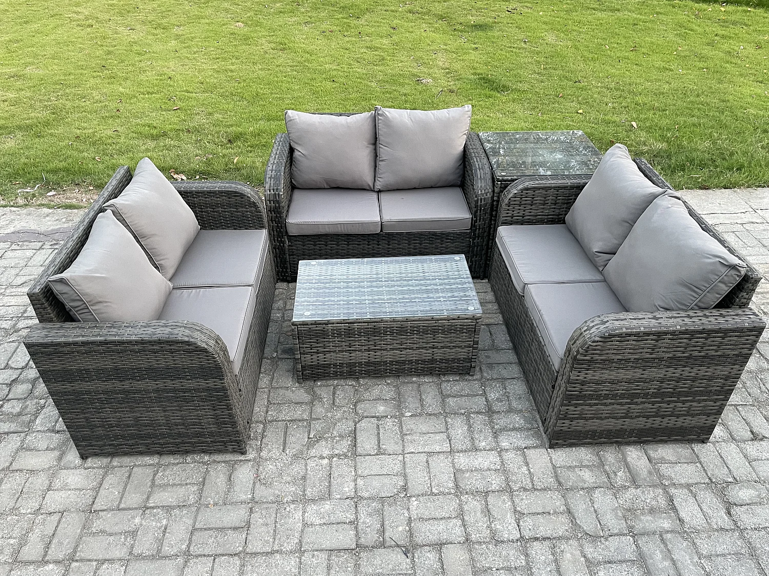Gartenmöbel-Sets 6-Sitzer Polyrattan Möbel Sofa Sets mit Rechteckiger Couchtisch Love Sofa Beistelltisch Dunkelgrau Gemischt