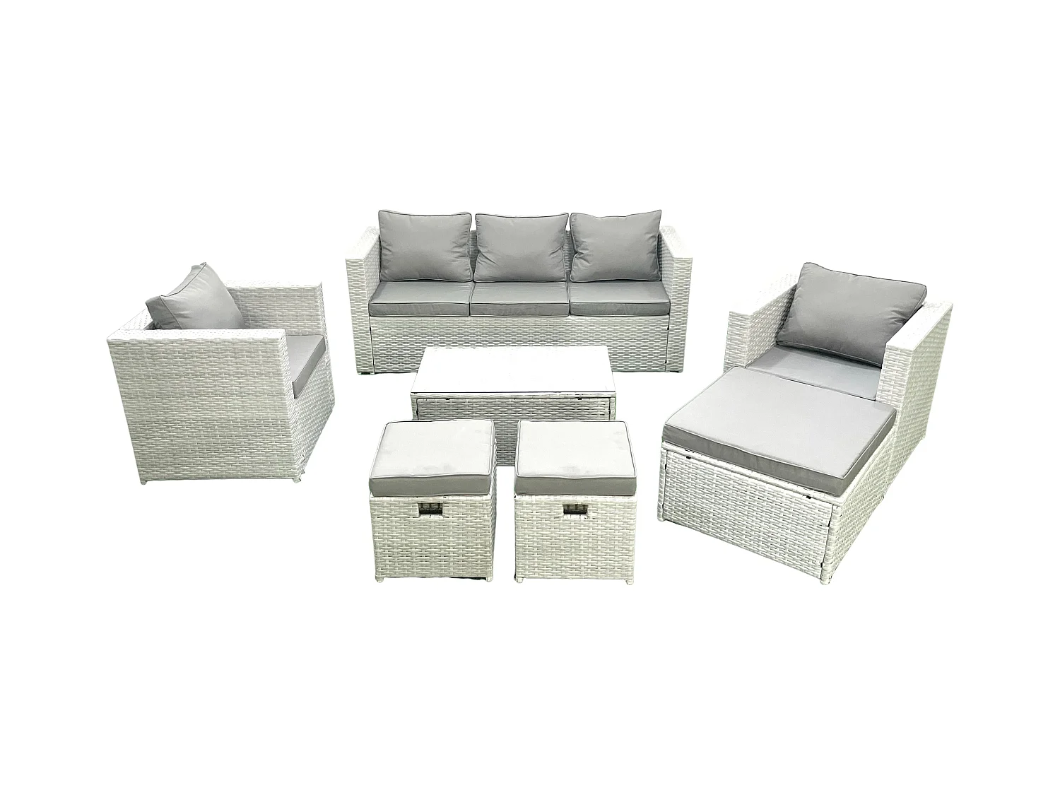 Ensemble de meubles d'extérieur en rotin avec Table basse rectangulaire 2 Chaises 3 Tabourets Gris clair mixte