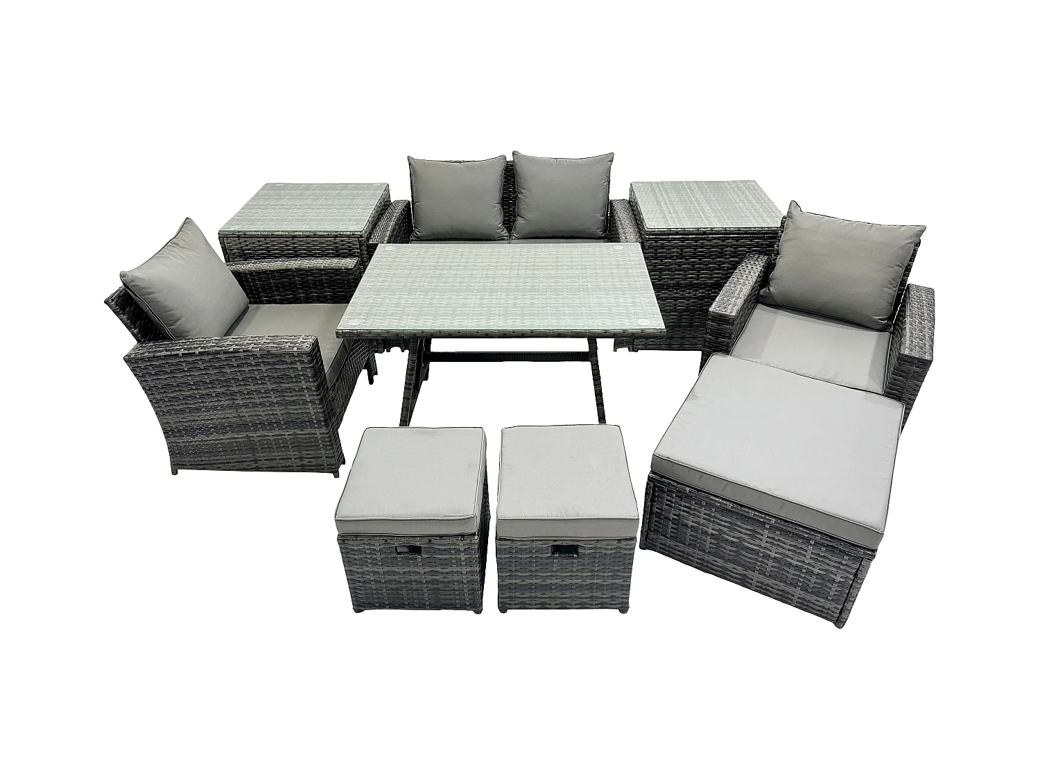 7-Sitzer Dunkelgrau Gemischt Hoher Rücken Rattan Sofa Esstisch Set Gartenmöbel Set