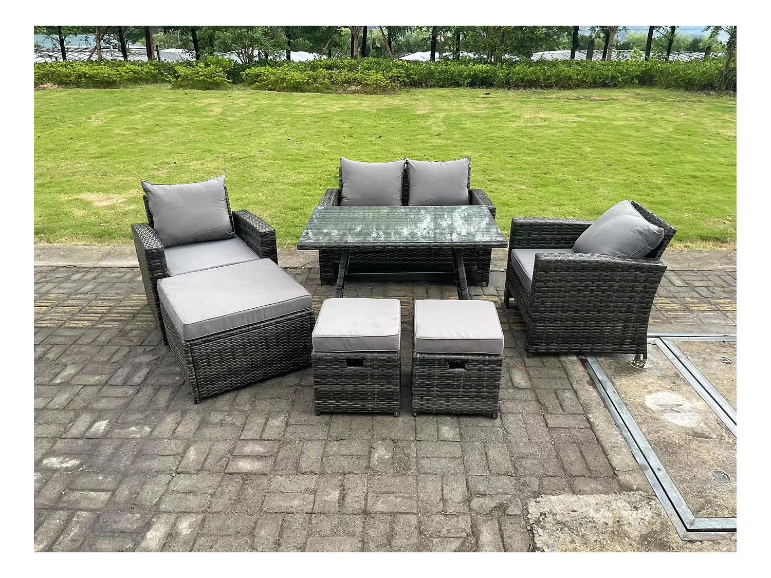 7-Sitzer Dunkelgrau Gemischt Hoher Rücken Rattan Sofa Esstisch Set Gartenmöbel Set