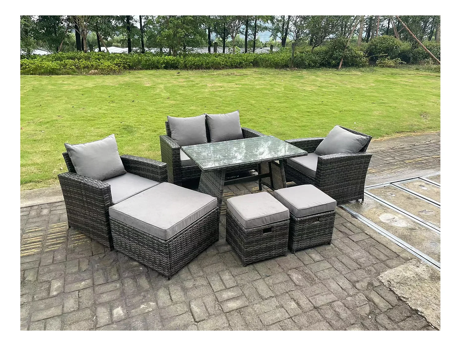 7-Sitzer Dunkelgrau Gemischt Hoher Rücken Rattan Sofa Esstisch Set Gartenmöbel Set