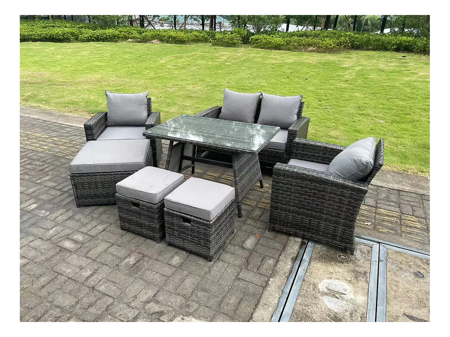7-Sitzer Dunkelgrau Gemischt Hoher Rücken Rattan Sofa Esstisch Set Gartenmöbel Set
