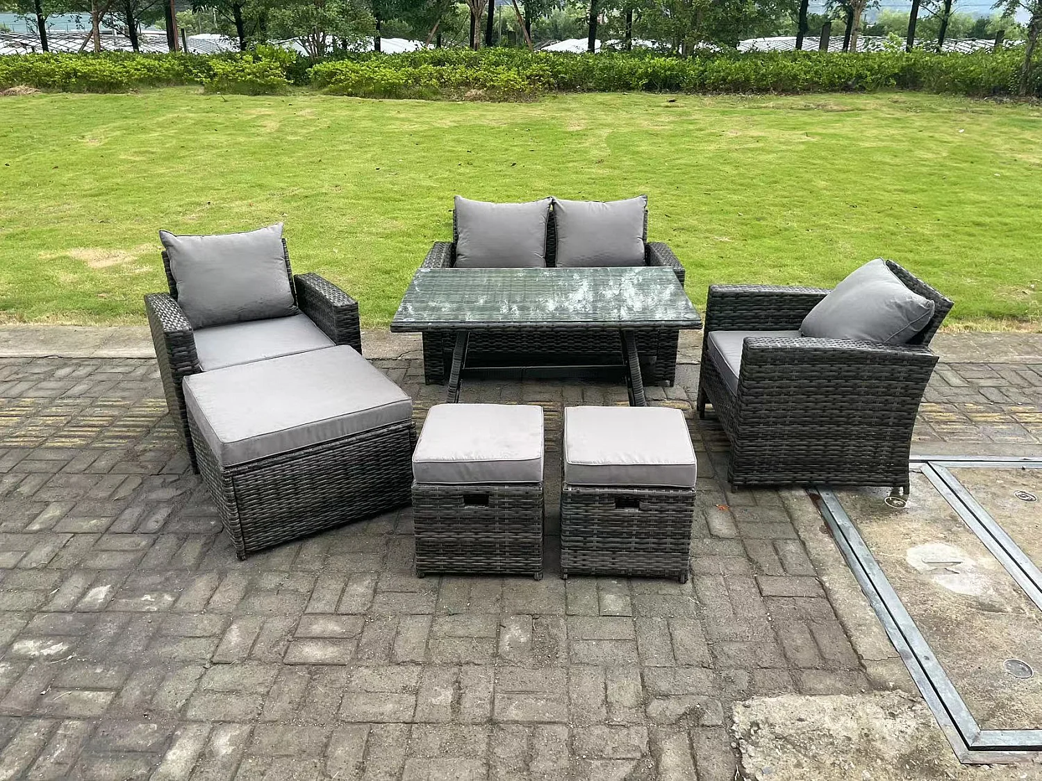 7 places Gris foncé mixte Dossier haut Rattan Canapé Set Table à manger Garden Furniture Outdoor