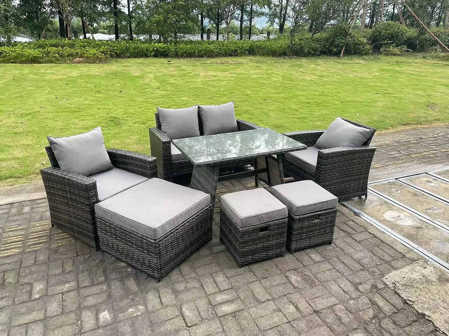 7 places Gris foncé mixte Dossier haut Rattan Canapé Set Table à manger Garden Furniture Outdoor