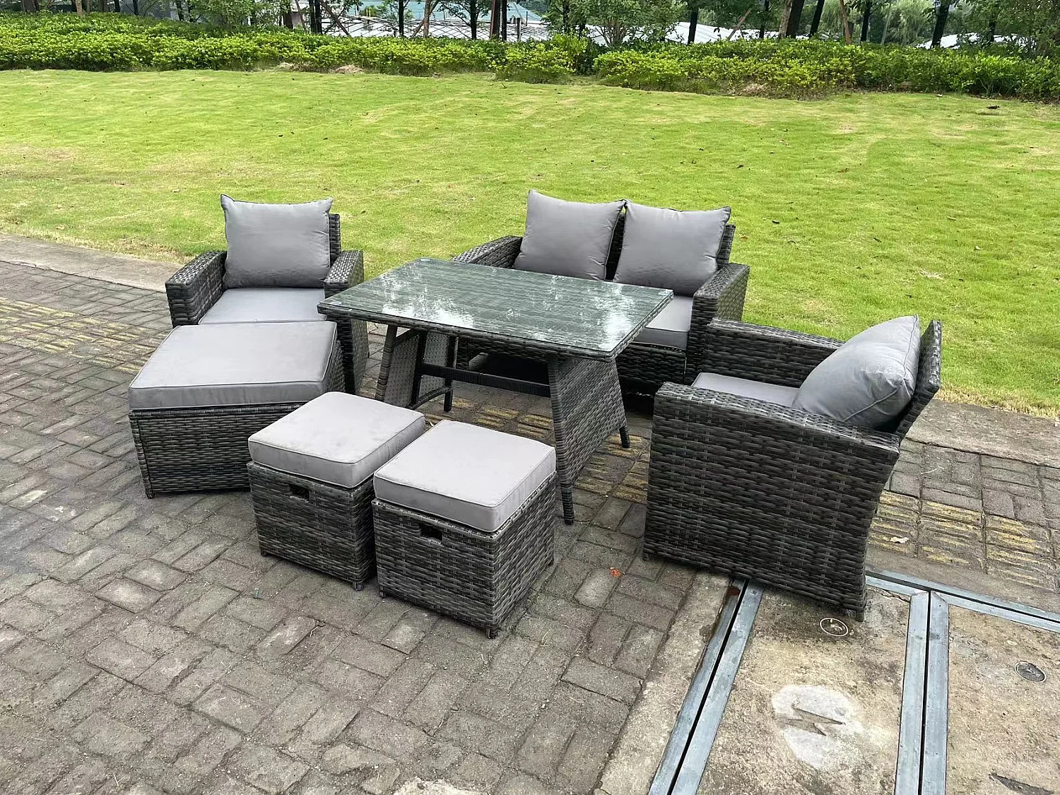 7 places Gris foncé mixte Dossier haut Rattan Canapé Set Table à manger Garden Furniture Outdoor
