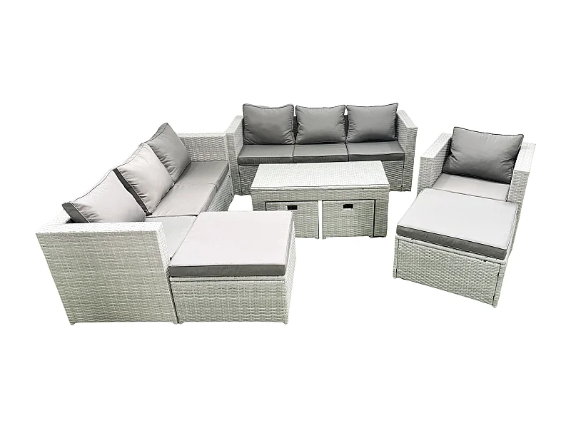 Salon de Jardin Ensemble avec Coussins gris 11 places avec Fauteuil et Table basse