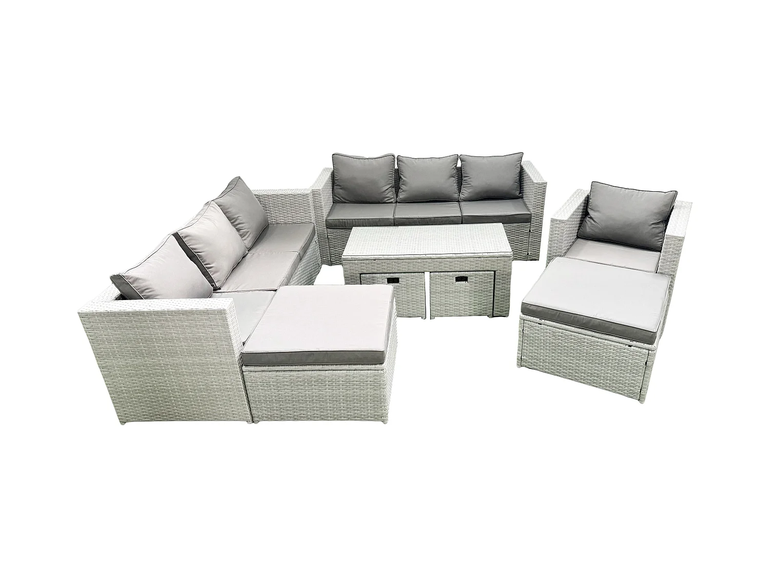 Polyrattan Gartenmöbelset mit Graue Kissen 11-Sitzer mit Sessel und Couchtisch