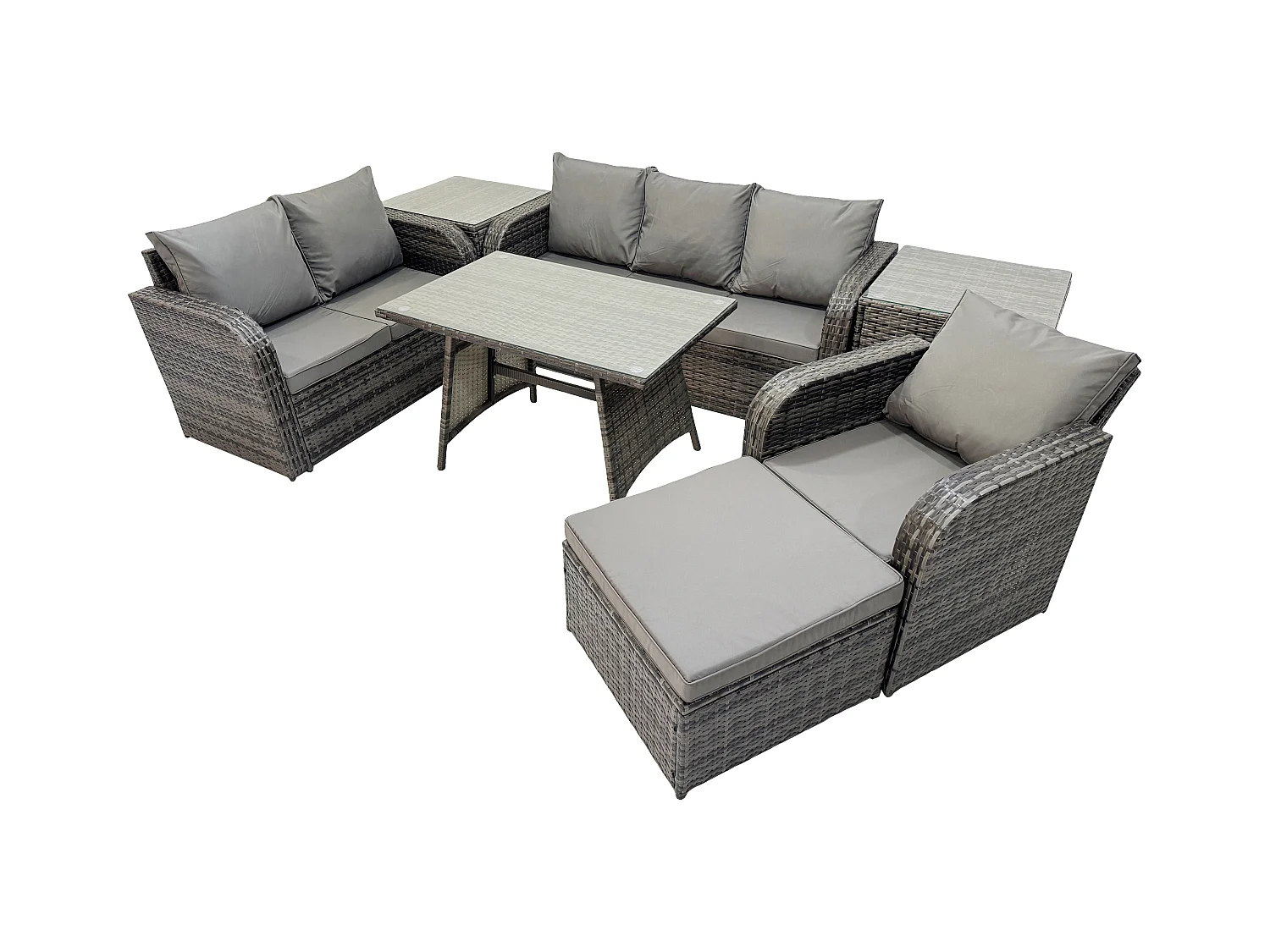 7 places Salon de jardin exterieur Ensemble de canapés en rotin avec Table à manger 2 Tables d'appoint Grand tabouret Gris foncé mixte