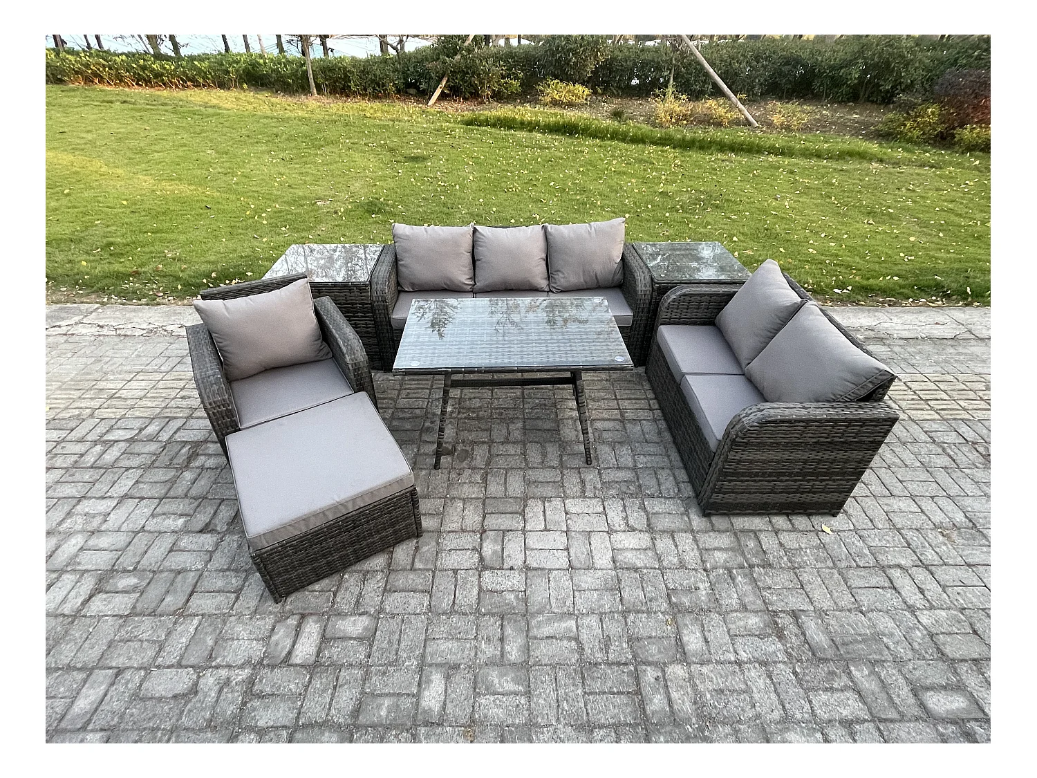 7 places Salon de jardin exterieur Ensemble de canapés en rotin avec Table à manger 2 Tables d'appoint Grand tabouret Gris foncé mixte
