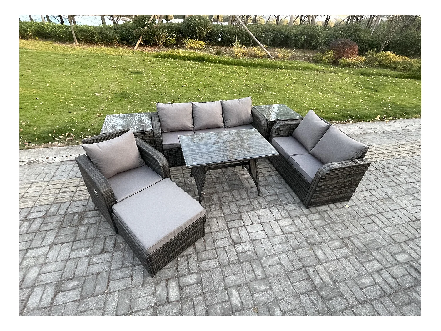 7 places Salon de jardin exterieur Ensemble de canapés en rotin avec Table à manger 2 Tables d'appoint Grand tabouret Gris foncé mixte