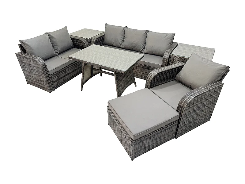 7 places Salon de jardin exterieur Ensemble de canapés en rotin avec Table à manger 2 Tables d'appoint Grand tabouret Gris foncé mixte