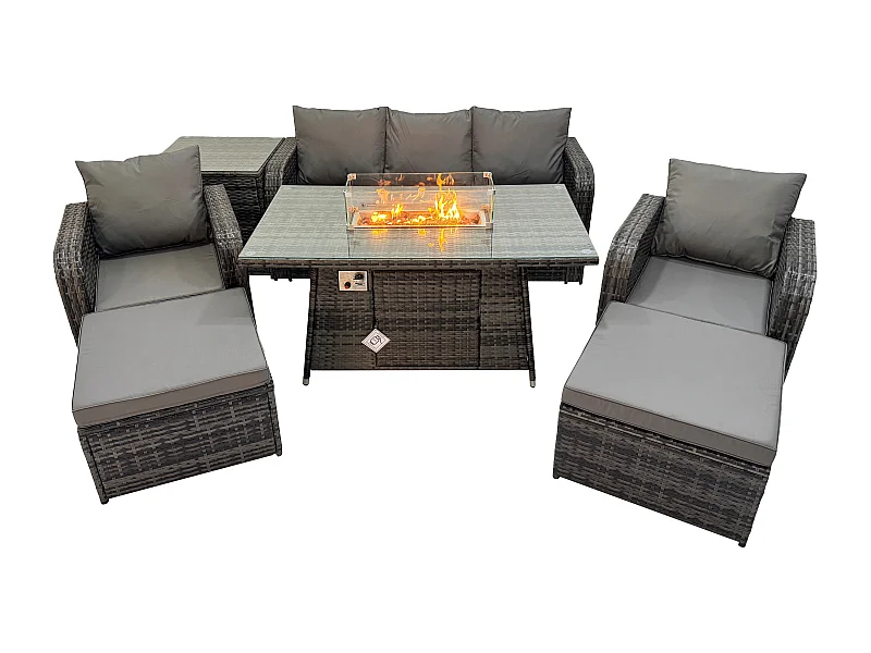 Polyrattan Gartenmöbel set Gas Feuerstelle Esstisch mit Beistelltisch Sessel 2 hohen Hockern