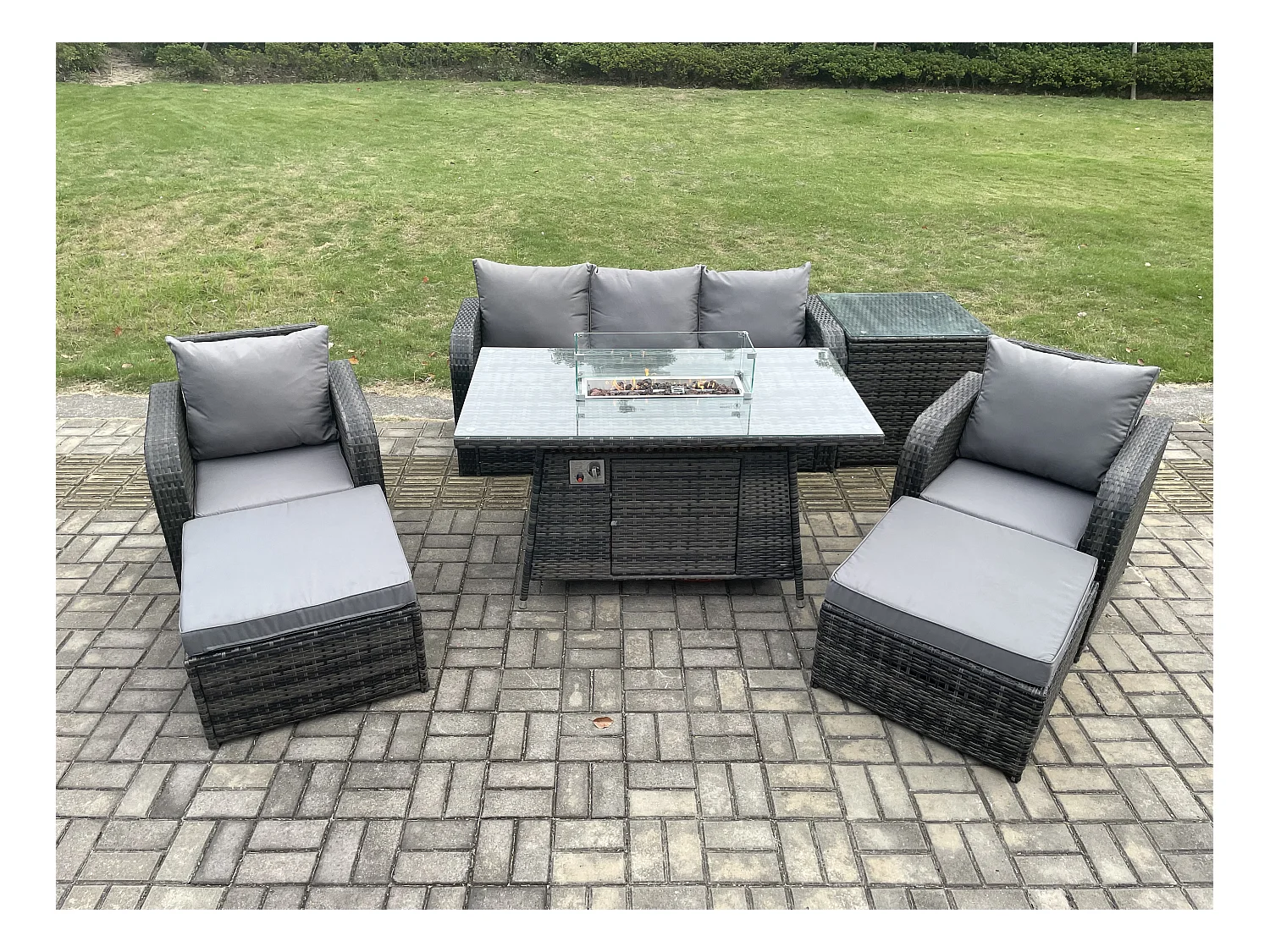 Polyrattan Gartenmöbel set Gas Feuerstelle Esstisch mit Beistelltisch Sessel 2 hohen Hockern