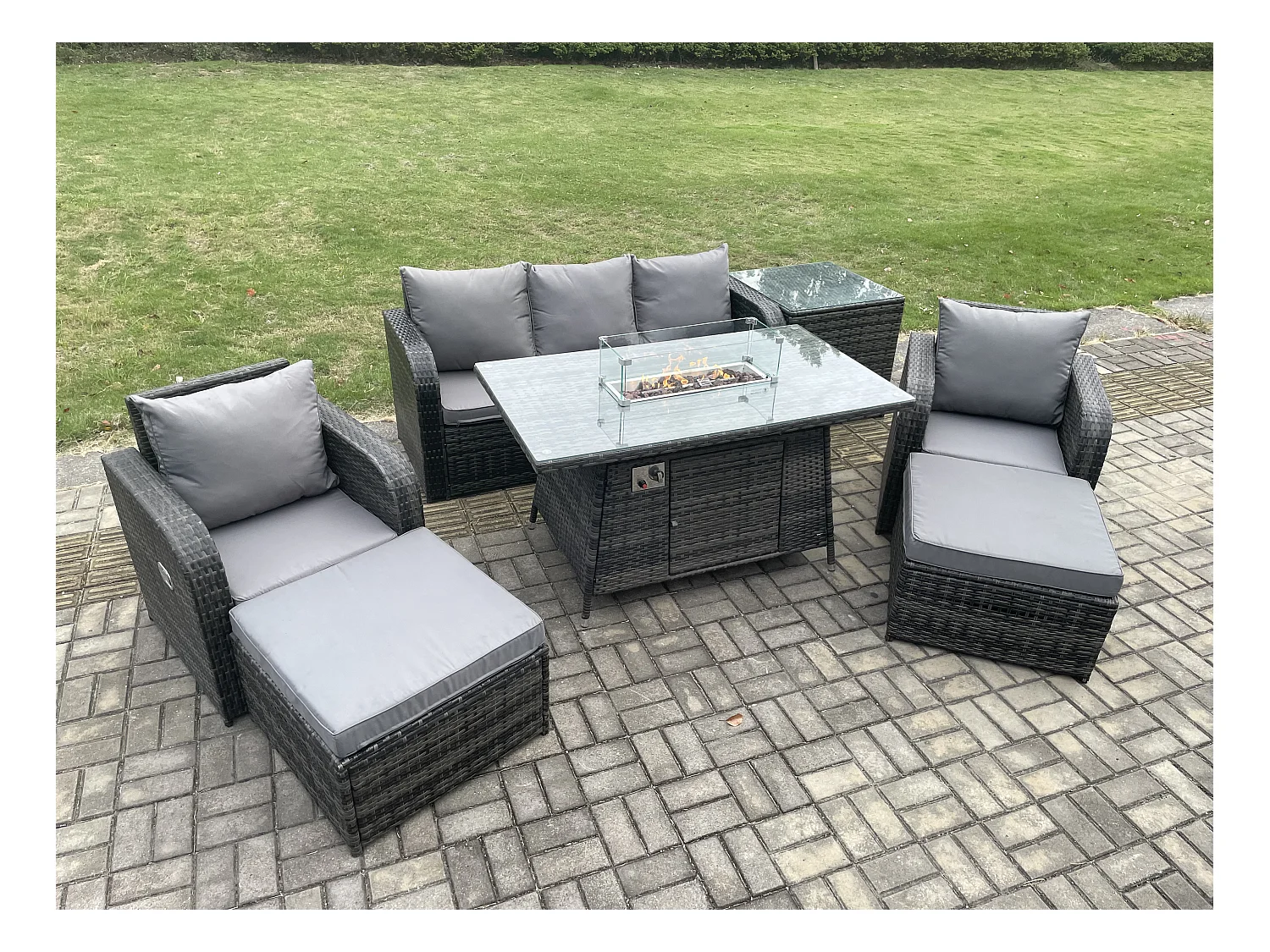 Polyrattan Gartenmöbel set Gas Feuerstelle Esstisch mit Beistelltisch Sessel 2 hohen Hockern