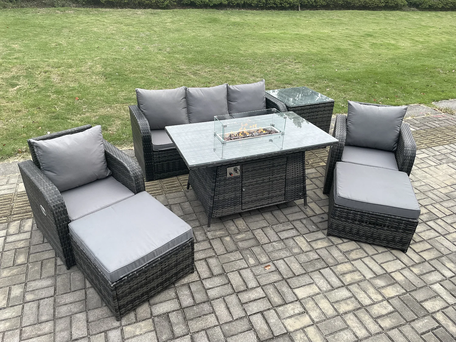 Ensemble de meubles de jardin en polyrotin Table de foyer à gaz Intérieur Extérieur avec Table d'appoint Fauteuil 2 Grand tabourets