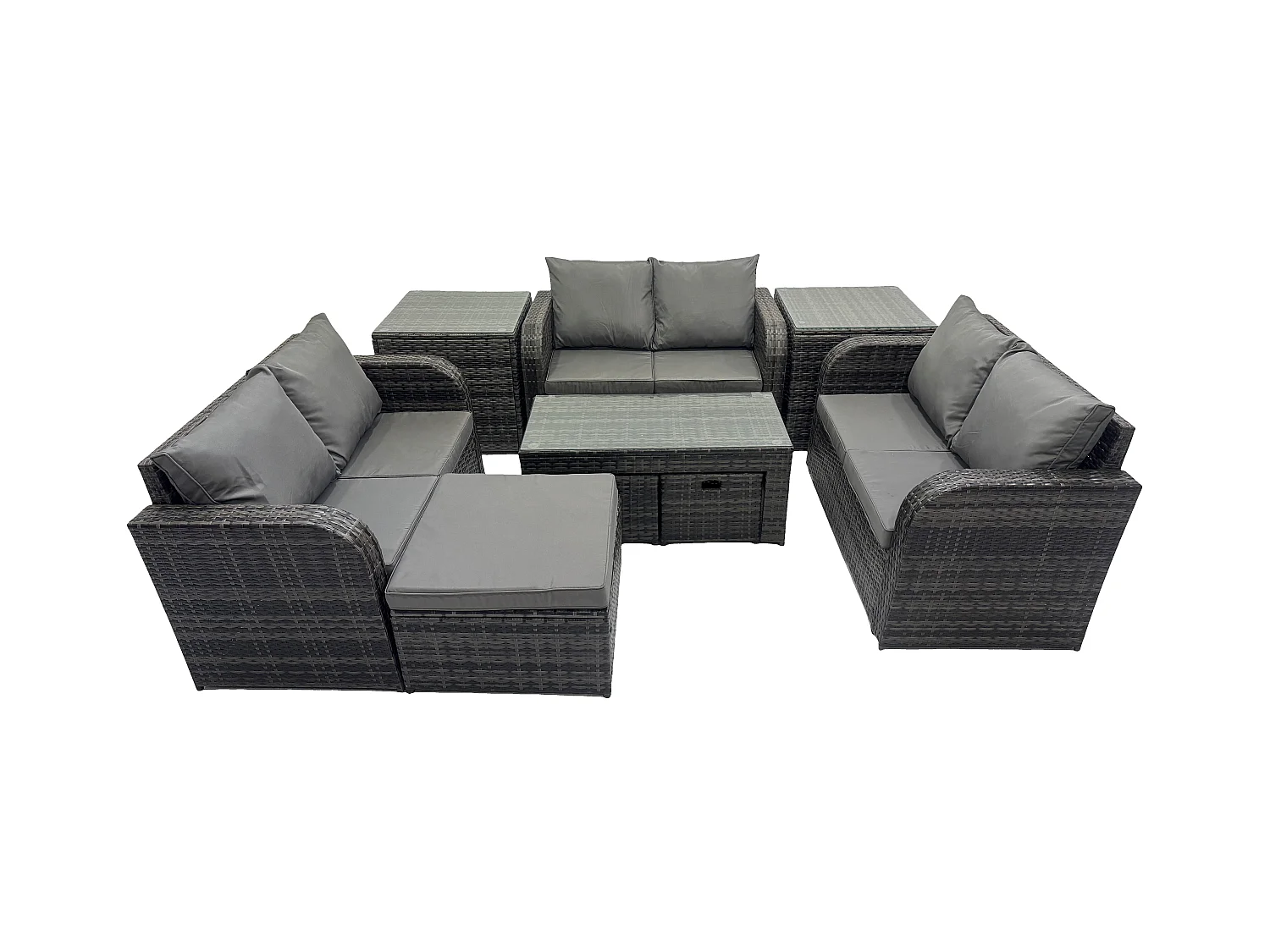 Gartenmöbel-Sets 9 Stücke Polyrattan Möbel Sofa Set mit Rechteckiger Couchtisch Loveseat Sofa 3 Hockern 2 Beistelltischen