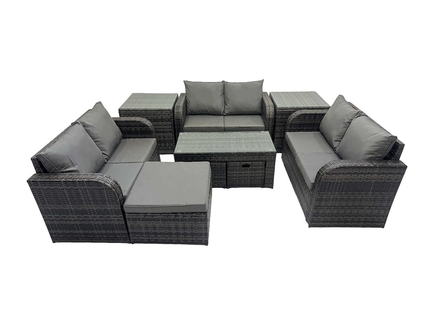 Gartenmöbel-Sets 9 Stücke Polyrattan Möbel Sofa Set mit Rechteckiger Couchtisch Loveseat Sofa 3 Hockern 2 Beistelltischen