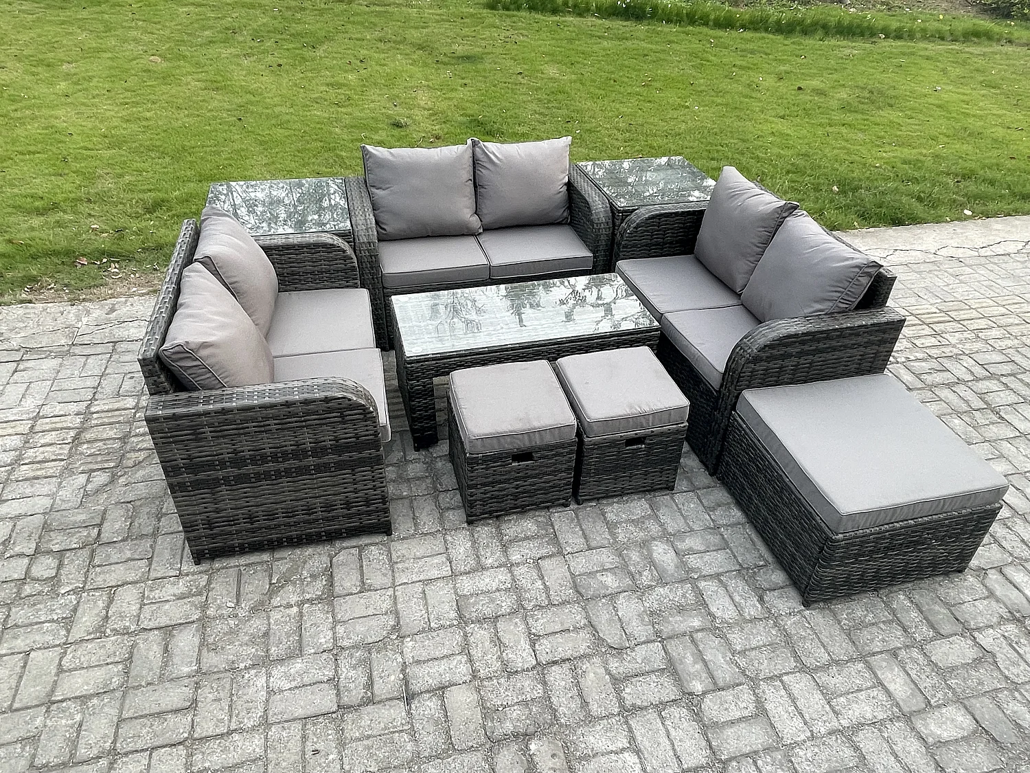 Gartenmöbel-Sets 9 Stücke Polyrattan Möbel Sofa Set mit Rechteckiger Couchtisch Loveseat Sofa 3 Hockern 2 Beistelltischen