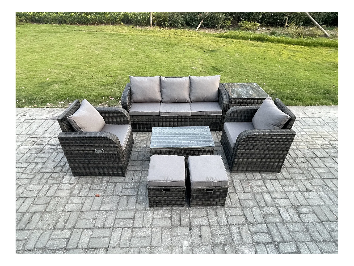 Polyrattan Gartenmöbelset Garten Lounge Set mit Liegestühle Rechteckiger Couchtisch Beistelltisch 2 kleine Fußhockern Dunkelgrau Gemischt