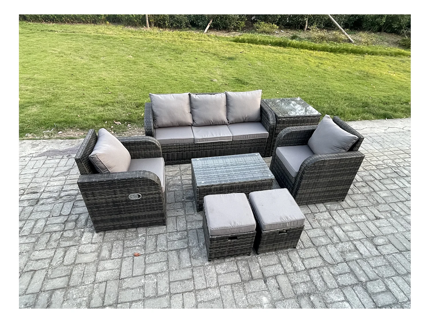 Polyrattan Gartenmöbelset Garten Lounge Set mit Liegestühle Rechteckiger Couchtisch Beistelltisch 2 kleine Fußhockern Dunkelgrau Gemischt